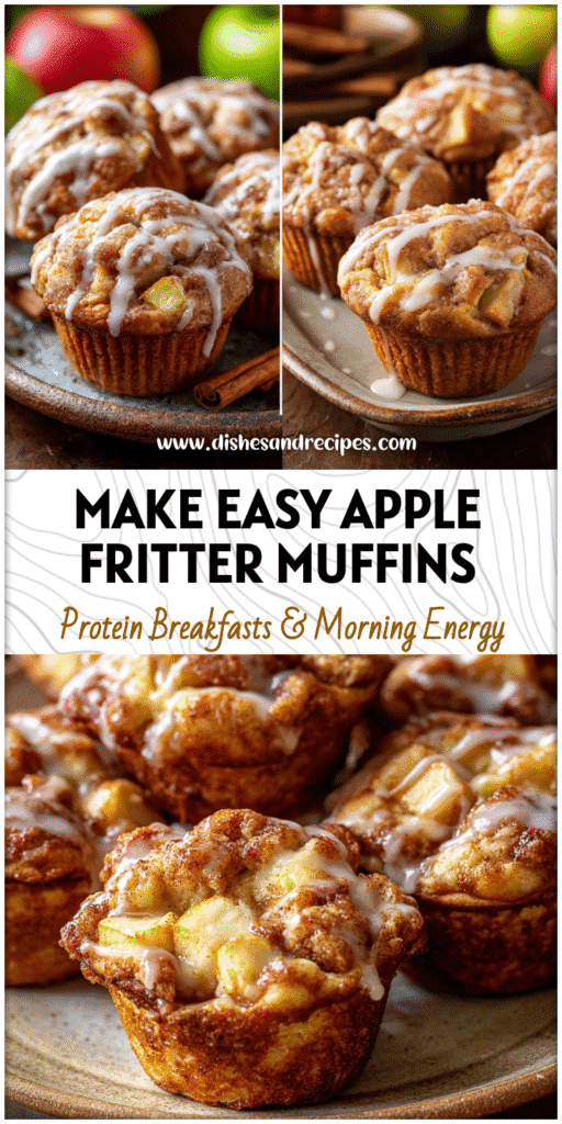 Golden apple fritter breakfast muffins with cinnamon glaze and chunks of fresh apples on a rustic plate.
